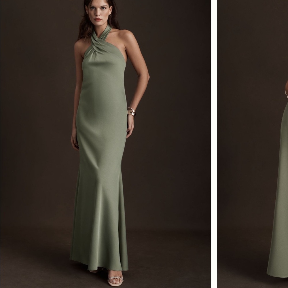 BHLDN Ruby Twist Halter Satin Gown - Moss